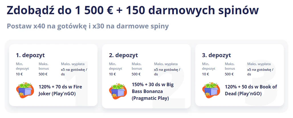 Zdobdąź do 1 500 € + 150 darmowych spinów